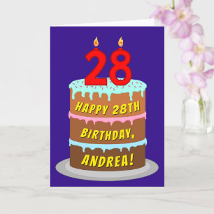 28th Birthday: Fun Cake and Candles + Custom Name Card