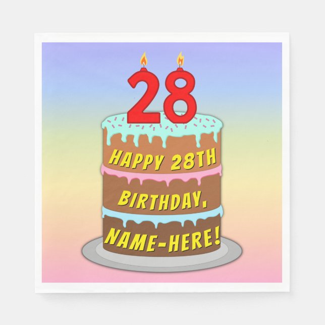 28th Birthday: Fun Cake and Candles + Custom Name Napkin (Front)