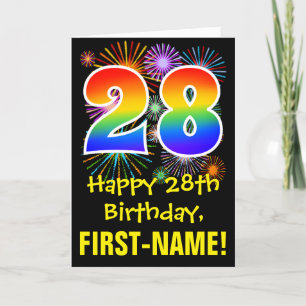 28th Birthday: Fun Fireworks Pattern + Rainbow 28 Card