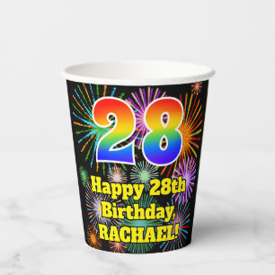 28th Birthday: Fun Fireworks Pattern + Rainbow 28 Paper Cups