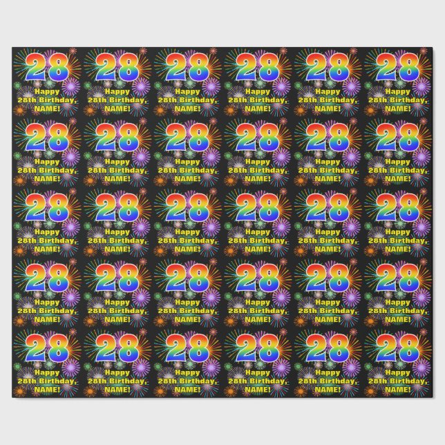 28th Birthday: Fun Fireworks, Rainbow Look # “28” Wrapping Paper (Seam)