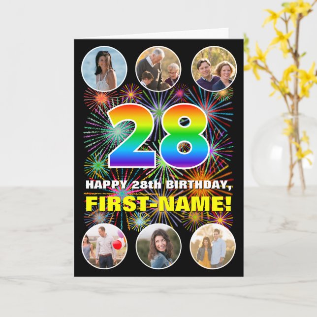 28th Birthday: Fun Rainbow #, Custom Name & Photos Card (Yellow Flower)