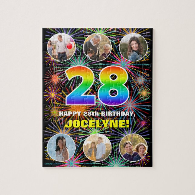 28th Birthday: Fun Rainbow #, Custom Name + Photos Jigsaw Puzzle (Vertical)