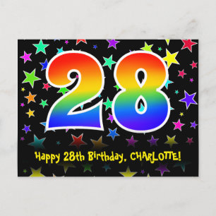 28th Birthday: Fun Stars Pattern, Rainbow 28, Name Postcard