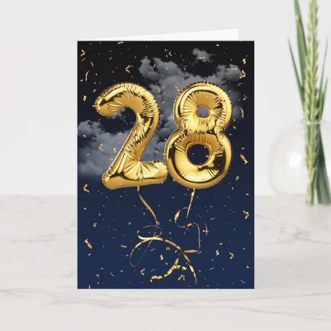 28th Birthday Gold Mylar Balloon and Confetti Card (Front)