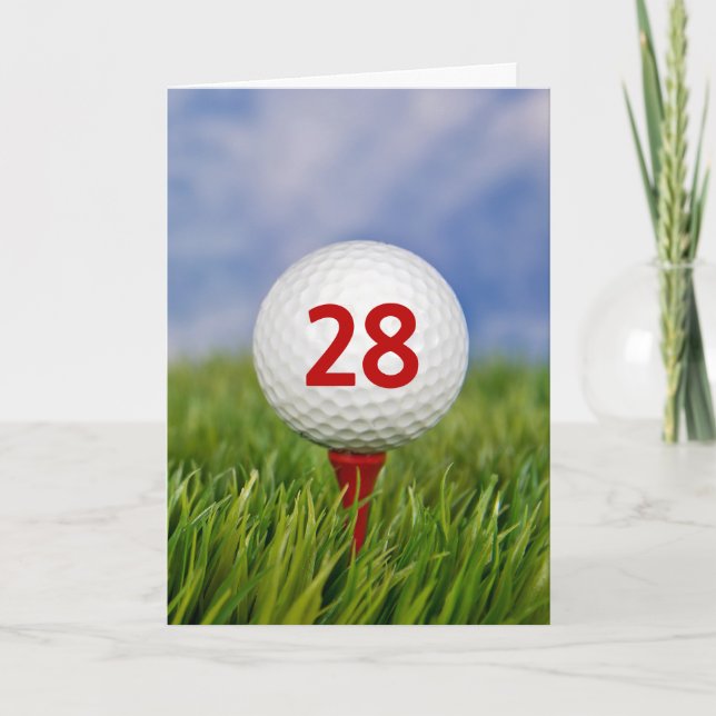 28th Birthday Golf Ball on Red Tee Card (Front)