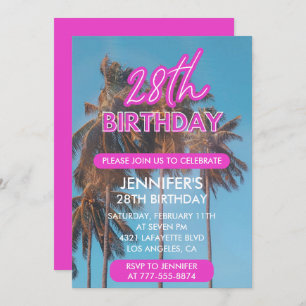28th birthday invitation Summer Pink Palm tree