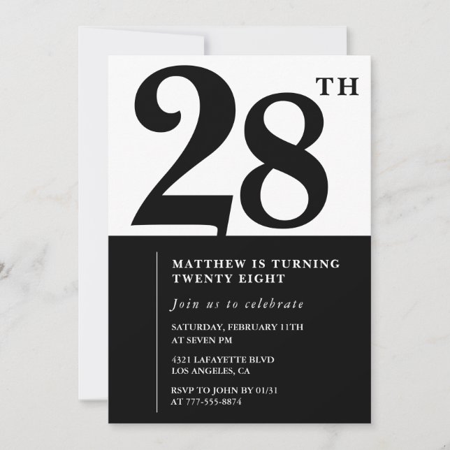 28th birthday invitations Black and White Elegant (Front)