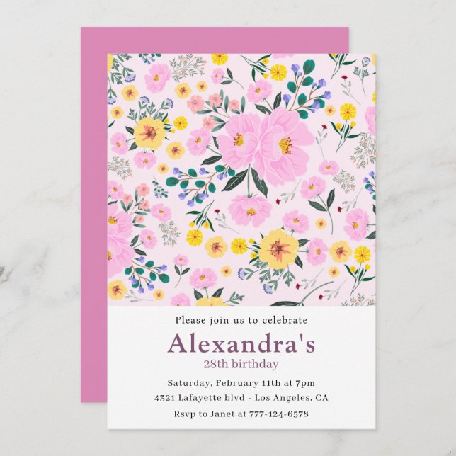 28th birthday invitations Boho Floral Pink (Front/Back)