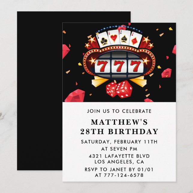 28th birthday invitations Casino theme Poker Black (Front/Back)