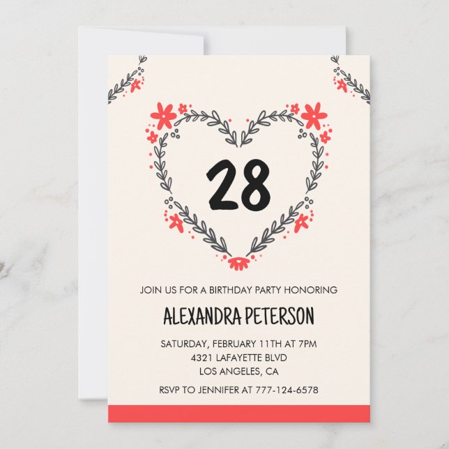 28th birthday invitations for her floral heart (Front)