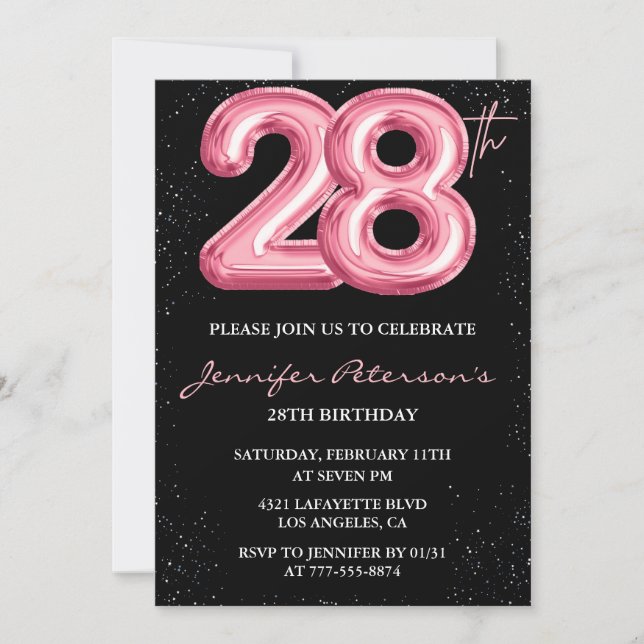 28th birthday invitations Pink Balloon Glam Black (Front)