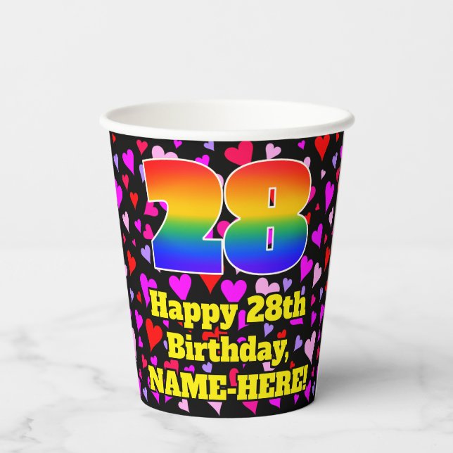 28th Birthday: Loving Hearts Pattern, Rainbow 28 Paper Cups (Back)