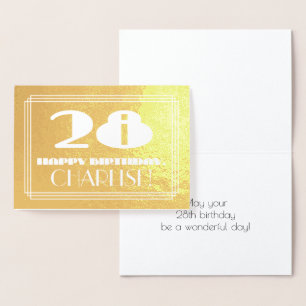 28th Birthday: Name + Art Deco Inspired Look "28" Foil Card