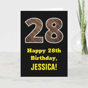 28th Birthday: Name, Faux Wood Grain Pattern "28" Card