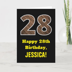 28th Birthday: Name, Faux Wood Grain Pattern "28" Card