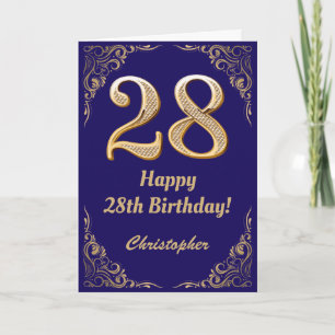 28th Birthday Navy Blue and Gold Glitter Frame Card