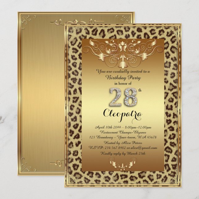 28th, Birthday Party 28th, Royal Cheetah gold plus Invitation (Front/Back)