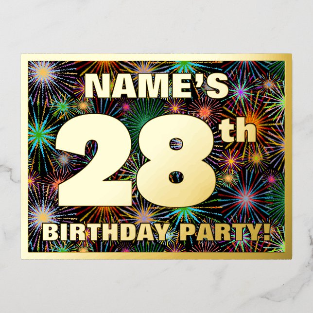 28th Birthday Party: Bold, Colourful Fireworks Loo Foil Invitation Postcard (Front)
