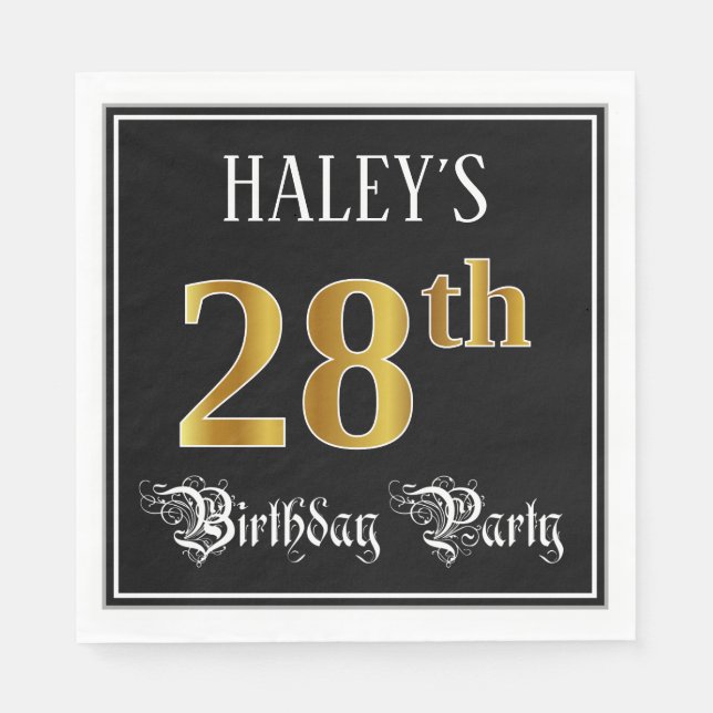 28th Birthday Party — Fancy Script, Faux Gold Look Napkin (Front)