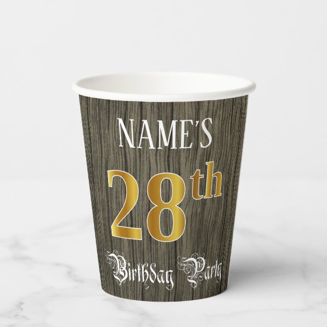 28th Birthday Party — Faux Gold & Faux Wood Looks Paper Cups (Back)