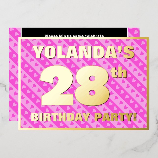 28th Birthday Party — Fun Pink Hearts and Stripes (Front/Back)