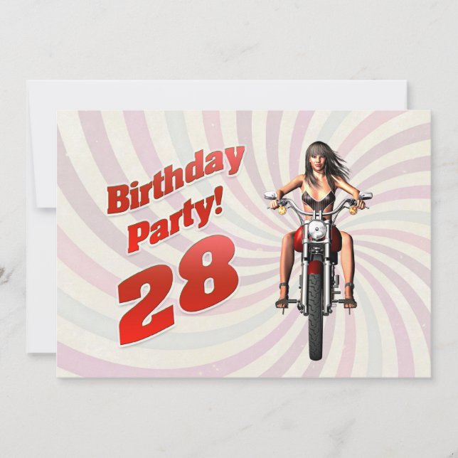 28th birthday party with a girl on a motorbike invitation (Front)
