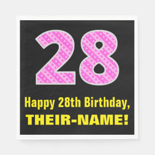 28th Birthday: Pink Stripes and Hearts "28" + Name Napkin