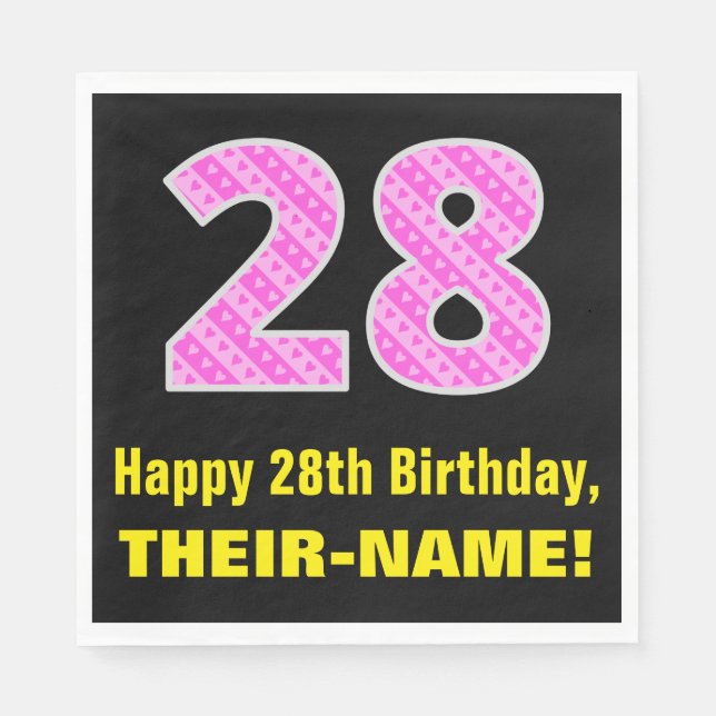 28th Birthday: Pink Stripes and Hearts "28" + Name Napkin (Front)