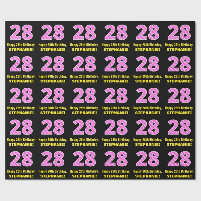 28th Birthday: Pink Stripes and Hearts "28" + Name Wrapping Paper (Flat)