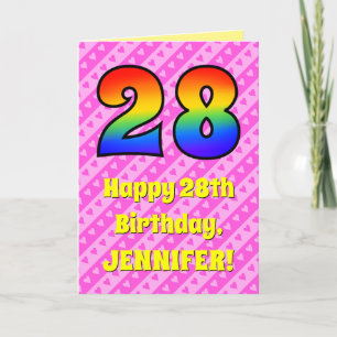 28th Birthday: Pink Stripes & Hearts, Rainbow # 28 Card