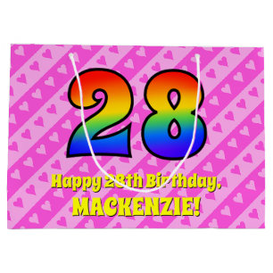 28th Birthday: Pink Stripes & Hearts, Rainbow # 28 Large Gift Bag