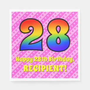 28th Birthday: Pink Stripes & Hearts, Rainbow # 28 Napkin