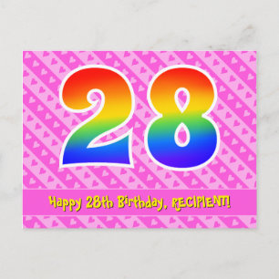 28th Birthday: Pink Stripes & Hearts, Rainbow 28 Postcard