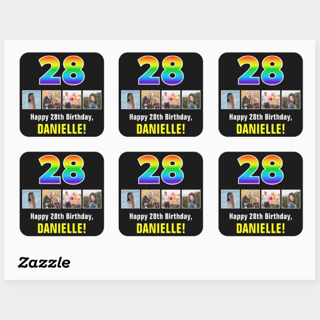 28th Birthday: Rainbow “28”; Custom Photos & Name Square Sticker (Sheet)