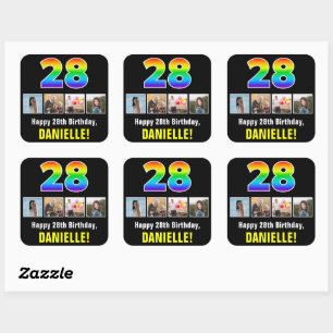 28th Birthday: Rainbow “28”; Custom Photos & Name Square Sticker