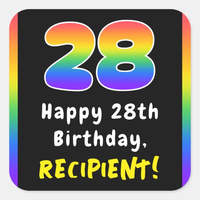 28th Birthday: Rainbow Spectrum # 28, Custom Name Square Sticker (Front)