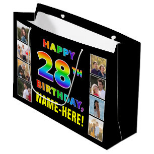 28th Birthday: Rainbow Text, Custom Photos & Name Large Gift Bag