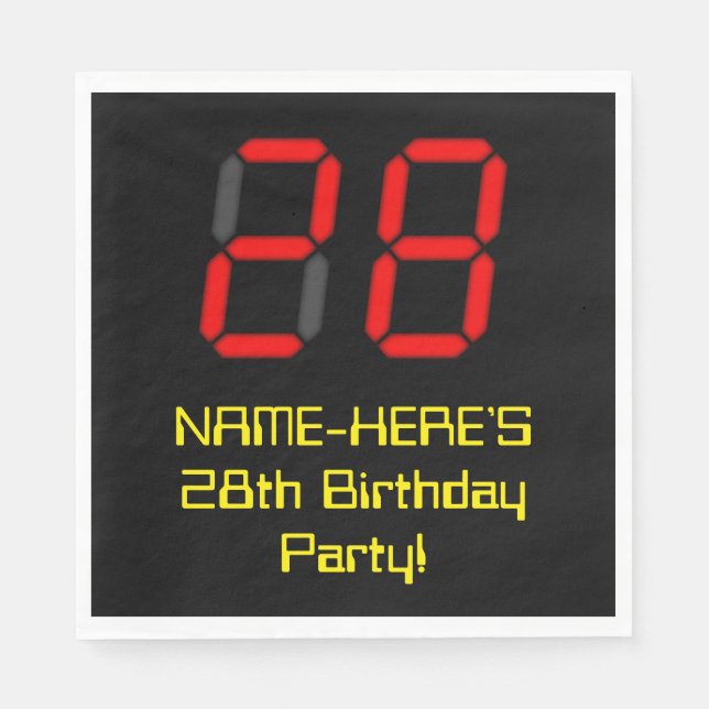 28th Birthday: Red Digital Clock Style "28" + Name Napkin (Front)