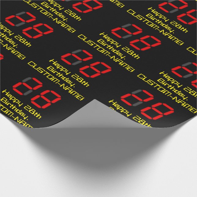 28th Birthday: Red Digital Clock Style "28" + Name Wrapping Paper (Corner)