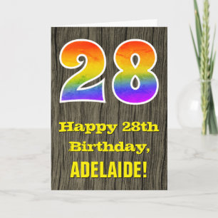 28th Birthday: Rustic Faux Wood Look, Rainbow "28" Card