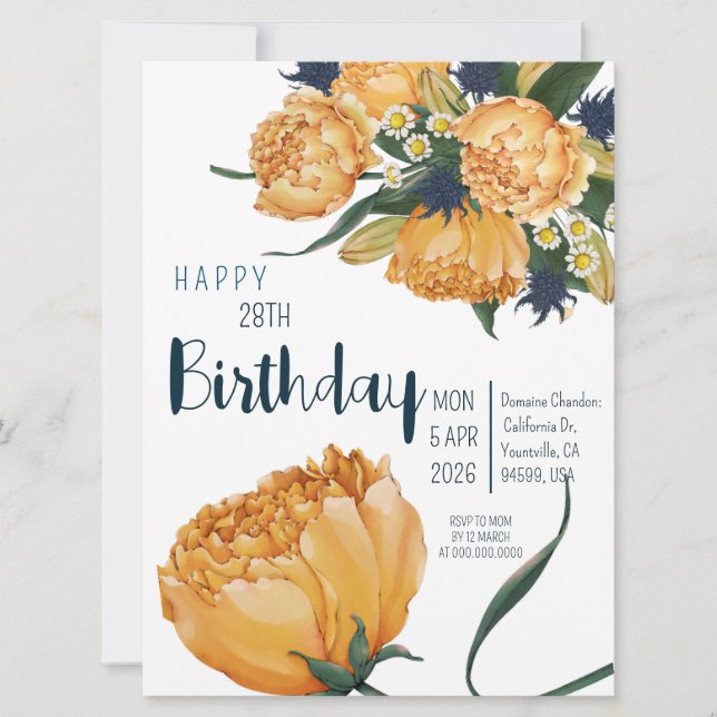 28TH Birthday Unique Watercolor Tulip Flowers Invitation (Front)