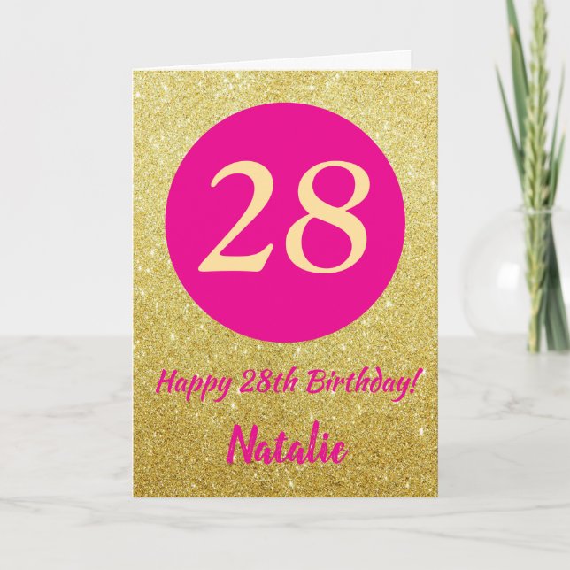 28th Happy Birthday Hot Pink and Gold Glitter Card (Front)