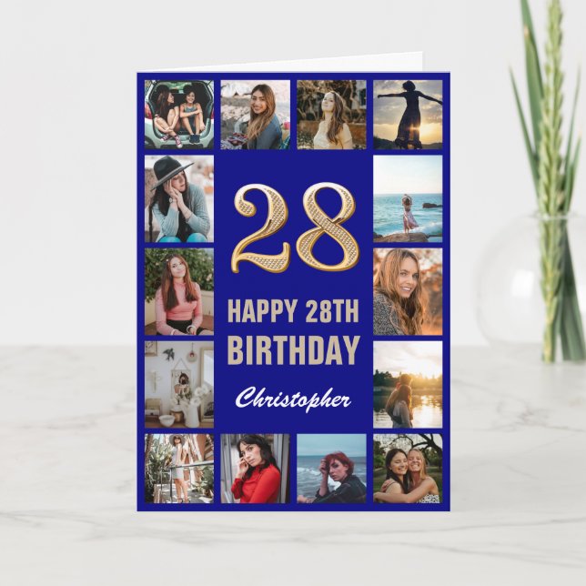 28th Happy Birthday Navy Blue & Gold Photo Collage Card (Front)