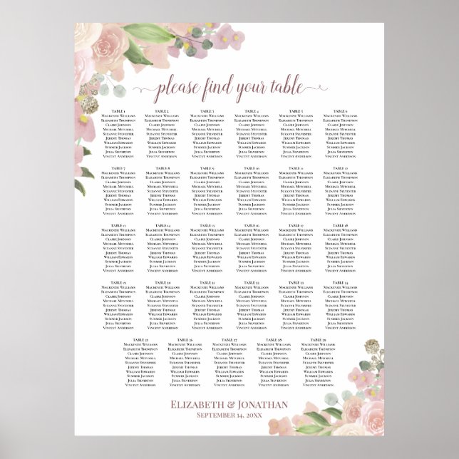 29 Table Elegant Pink Floral Wedding Seating Chart (Front)