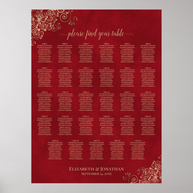 29 Table Elegant Red & Gold Wedding Seating Chart (Front)