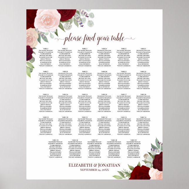 29 Table Red & Pink Floral Wedding Seating Chart (Front)