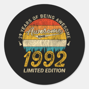 29 Year Old Bday 1992 Awesome Since 29th Birthday Classic Round Sticker