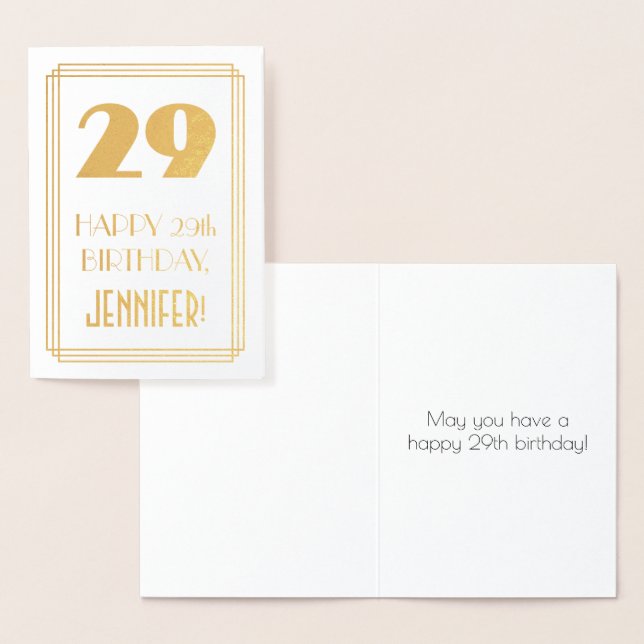 29th Birthday: Art Deco Inspired Look "29" & Name Foil Card (Display)