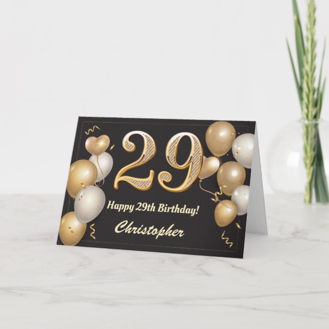 29th Birthday Black and Gold Balloons Birthday Card (Front)